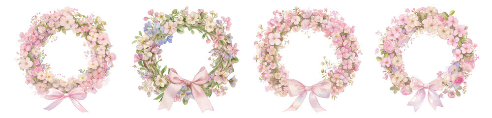 Fototapeta premium PNG Elegant floral wreaths with ribbons on transparent background