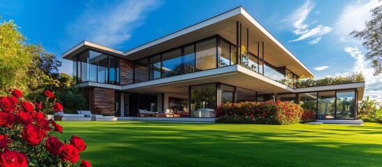Deep red rose garden at a modern luxury house, panoramic blue sky view, high resolution.