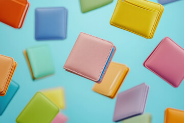 Colorful leather wallets on blue background.