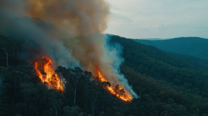 A dramatic wildfire engulfs a forested mountain area, with smoke billowing into the sky and flames consuming trees.