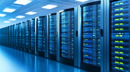 Rows of powerful servers humming in a modern data center, driving global connectivity