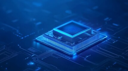 Intricate details of a cpu chip on striking blue background closeup