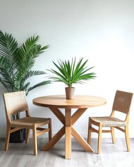 Interior bamboo eco friendly furniture showcasing a dining area with a round bamboo table, woven chairs, and indoor plants creating a sustainable atmosphere