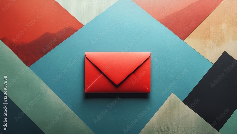 Poster red envelope on colorful geometric background.