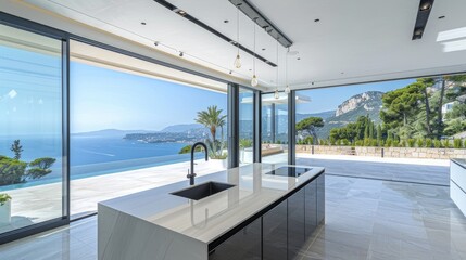 Fototapeta premium A modern kitchen with an island featuring white marble