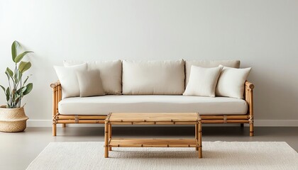 Interior bamboo eco friendly furniture featuring a minimalist living room with a bamboo sofa, matching coffee table, and neutraltoned cushions under soft natural lighting