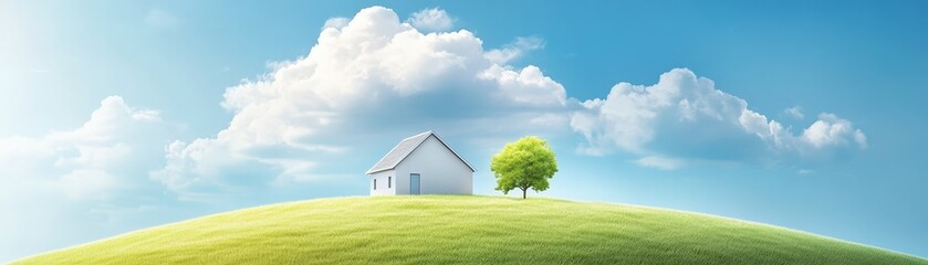 Captivating view, a house on hill with majestic tree in the foreground scenic
