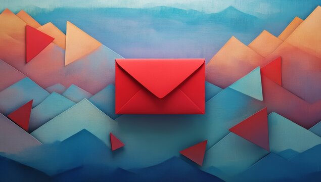Red envelope on abstract mountain landscape.