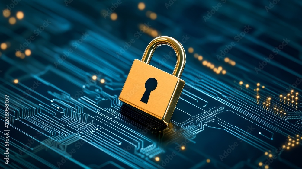 Poster enhanced digital security, padlock protecting sensitive data on a complex circuit board