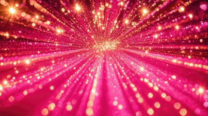 A radiant pink glitter background with golden sparkles arranged in a starburst pattern for a festive feel