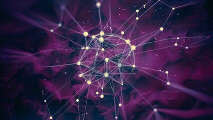 Naklejka premium Abstract purple background with connecting dots and lines structure and communication plexus effect abstract science geometrical network background