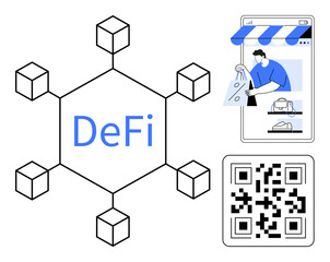 Blockchain network with DeFi, person shopping online, and QR code. Ideal for finance, tech, e-commerce, blockchain, digital payments fintech innovation themes. Blue and black abstract line flat