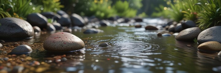 A delicate balance of weight and buoyancy as a small pebble is suspended on the edge of a small stream, water, dynamic, transition