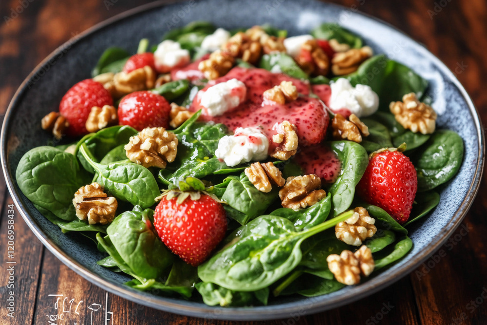 Poster light strawberry spinach salad with goat cheese and walnuts topped with a refreshing dressing in a r
