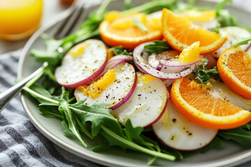 Refreshing fennel and orange salad with arugula served on a plate