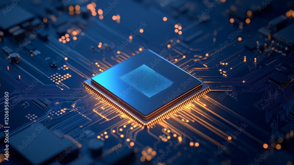 Poster detailed view of a processor chip on green circuit board, showcasing intricate connections and compo
