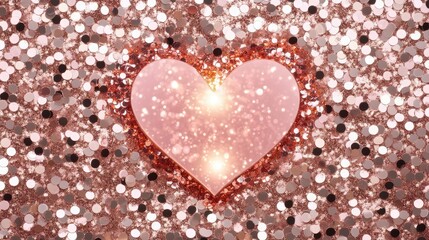 A romantic pink and rose gold glitter background with a glowing heart-shaped light at the center