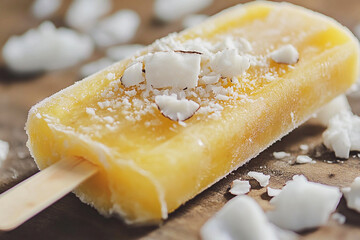 Tropical popsicle with shredded coconut captured in close-up on a rustic wooden background during a sunny day