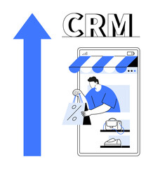Person holding shopping bags emerges from smartphone screen. Blue upward arrow and CRM text. Ideal for sales growth, customer management, digital marketing, business analytics, online shopping