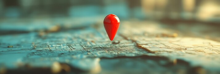 Red location pin on rustic wooden surface.