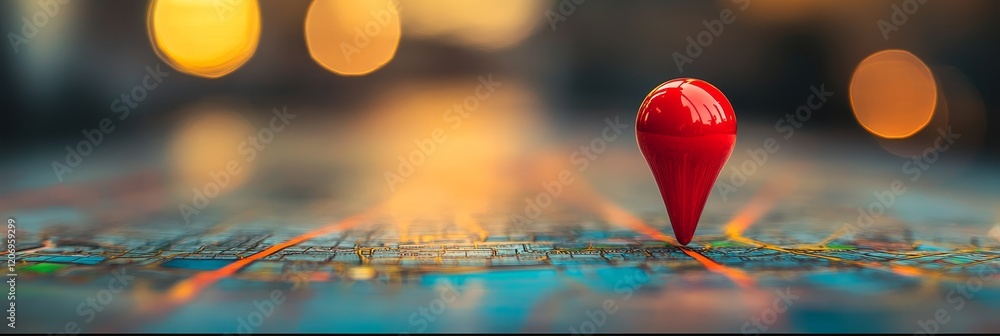 Poster red marker pin on a city map with bokeh background.