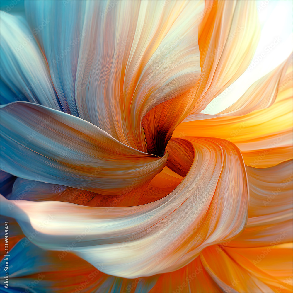 Poster Abstract digital illustration resembling a blooming flower. Gently undulating petals in shades of orange and soft pink emphasize the fluidity of the forms. The natural harmony conveys a modern dynamic