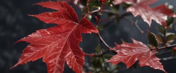 Fototapeta premium A detailed macro shot of a crimson holly leaf showcasing its texture and veins, winter foliage, Christmas decorations, autumn colors