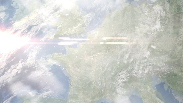 Earth zoom in from space and focus on Sarcelles, France. Background for travel blog or intro. Satellite view. 3D style animation. Images from NASA.