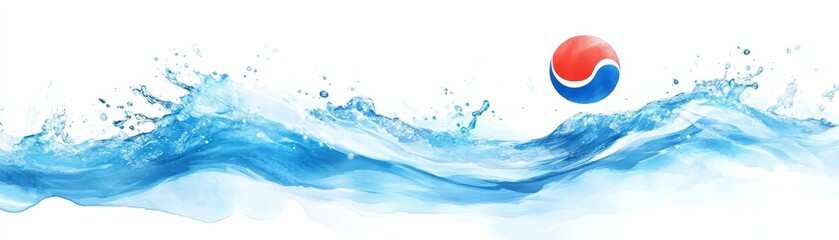Dynamic blue wave crashing with a red sphere, power and energy of the ocean red