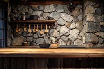 Rustic Kitchen Design Featuring Stone Wall and Wooden Accents