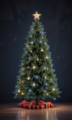 Obraz premium A festive Christmas tree against a dark blue background with twinkling lights, ornaments, twinkling stars