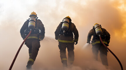Fototapeta premium Firefighters bravely battle flames, equipped with protective gear and hoses, showcasing teamwork in a smoke-filled environment.