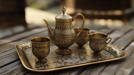 Golden tea set on a tray for a special moment