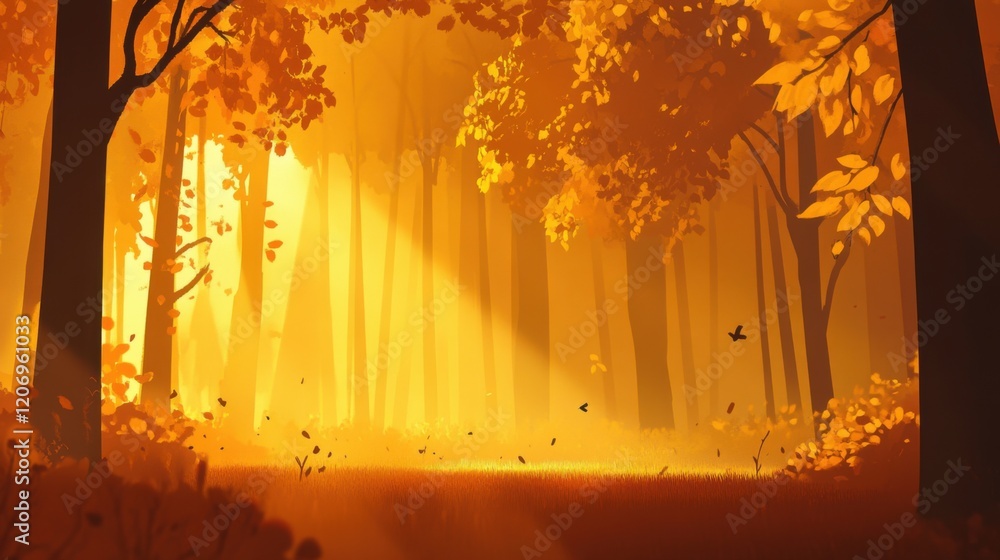 Poster enchanting autumn forest scene with golden light filtering through vibrant trees, creating a magical