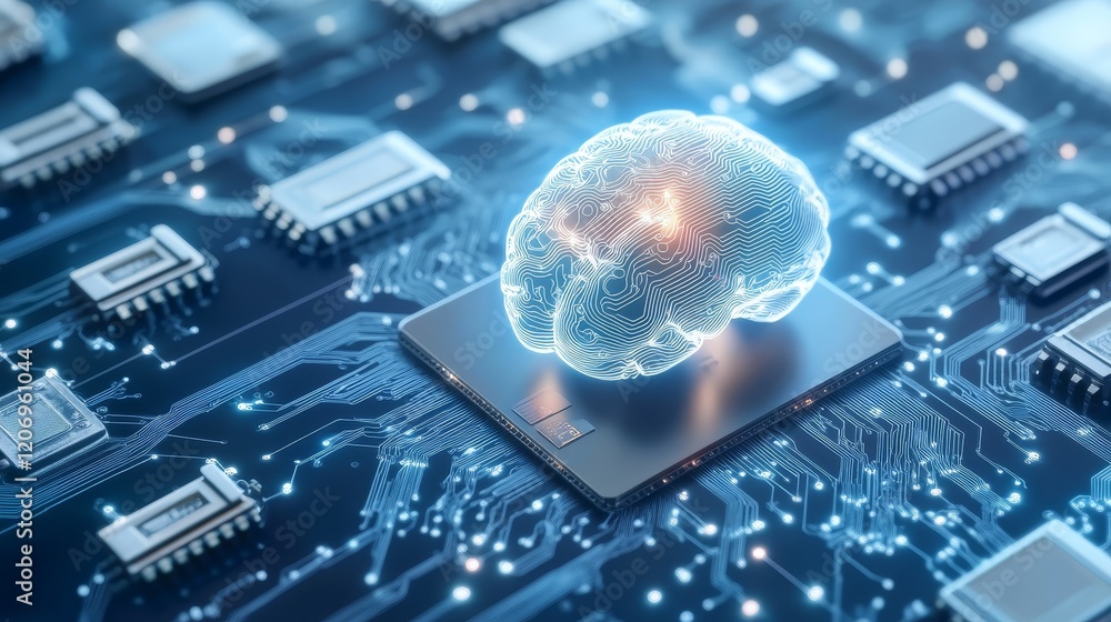 Poster intricate circuit board with integrated brain, a glimpse into advanced technological integration and