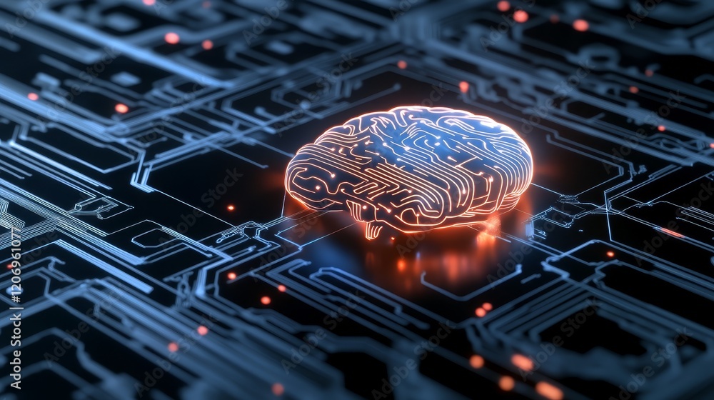 Poster digital brain on intricate circuit board, exploring the future of artificial intelligence