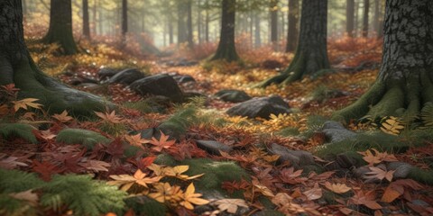 Fototapeta premium A forest floor with a mix of autumn leaves and pine needles , forest floor, deciduous trees , tree branches