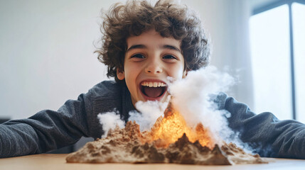 a young boy is smiling while he is playing with a fire