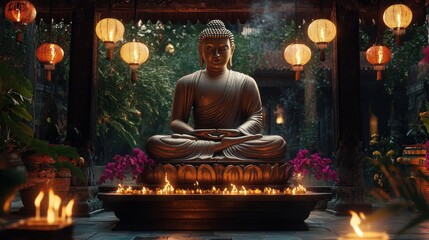 Serene Buddha Statue Amidst Glowing Lanterns and Candles