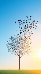 Fototapeta premium Birds Taking Flight from a Tree at Sunset