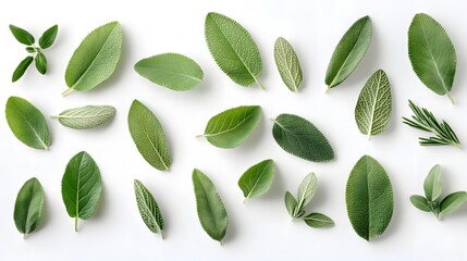 Fototapeta premium Green leaves arranged on a white background creating a natural and fresh aesthetic