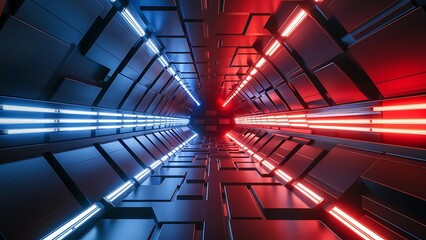 Abstract technological tunnel with blue and red light 3d rendering illustration