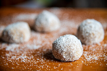 Coconut cake on the wooden table