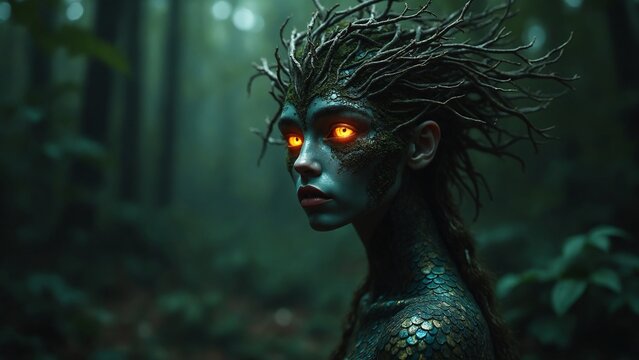 Amidst a deep dark forest, an enigmatic being appears an amalgamation of flora and fauna