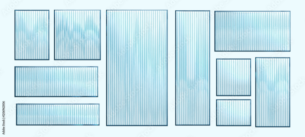 Poster ribbed glass panels set with different rectangular shapes. transparent textured surfaces with vertic