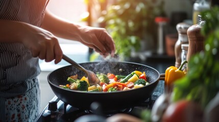 A person cooking a healthy stir-fry in a modern kitchen, featuring a mix of fresh vegetables and lean proteins, promoting easy and nutritious meal preparation