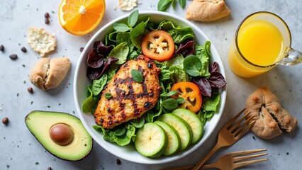 Healthy Food Bowl with Grilled Chicken, Avocado, and Vegetables