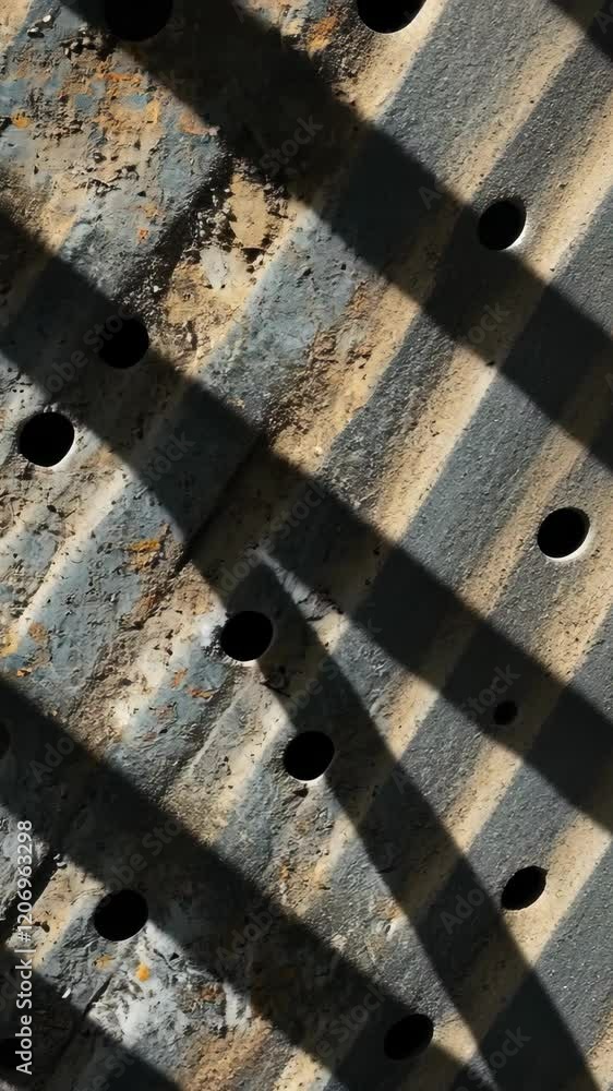 Poster pattern of light and shadow on a textured surface created by a perforated metal sheet in bright dayl