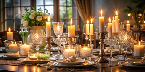 A group of flickering candles on a table set with fine china and crystal glasses, table setting, warm glow