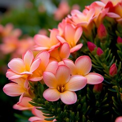 Fototapeta premium Delicate Peach Flowers Blossom In Lush Green Foliage